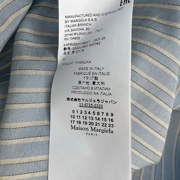 Maison Margiela Blue Pinstriped Band Collar Men’s Long Sleeve Button Up Shirt - Picture 8 of 11